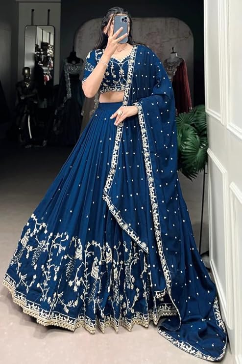 Suppar Sleave Women's Embroidered Vichitra Silk Lehenga Choli Dupatta Set Semi-Stitched Blouse and Fit & Flare Style
