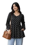 Women's Rayon Black Floral Block Print Kurti, Scallop Neckline, Full Sleeves, Gathered Fit