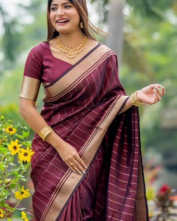 C J Enterprise Women's Banarasi Saree Pure Kanjivaram Style Silk Saree With Blouse Piece for Wedding (BS09)