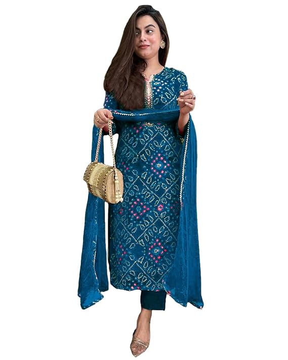 GoSriKi Women's Rayon Blend Straight Bandhej Printed Kurta with Pant & Dupatta
