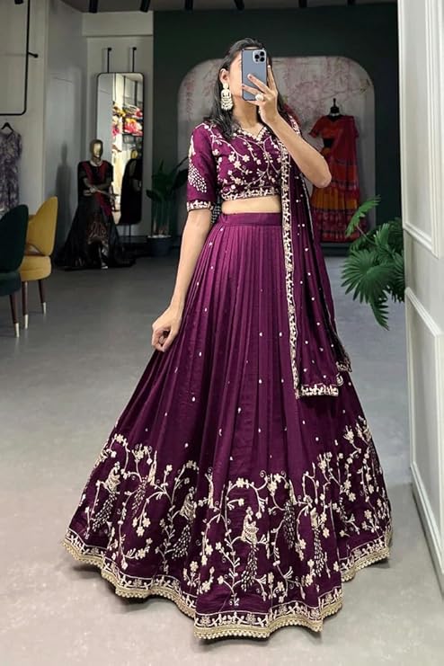 Suppar Sleave Women's Embroidered Vichitra Silk Lehenga Choli Dupatta Set Semi-Stitched Blouse and Fit & Flare Style