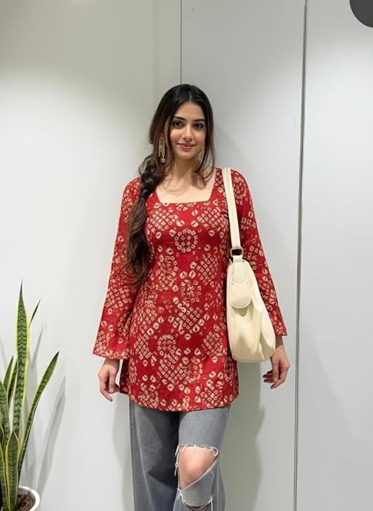 ANNI Designer Women’s Viscose Blend Printed Short Kurti | Straight Fit Casual Ethnic Top | Square Neck Full Sleeve Kurta Office College