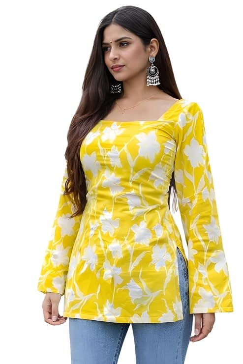 Rayon Floral Print Short Kurti for Women | Square Neck Long Sleeve Top for Women | Criss Cross Back Desing Kurti | Soft Breathable Fabric | Relaxed Fit | Casual and Office Wear