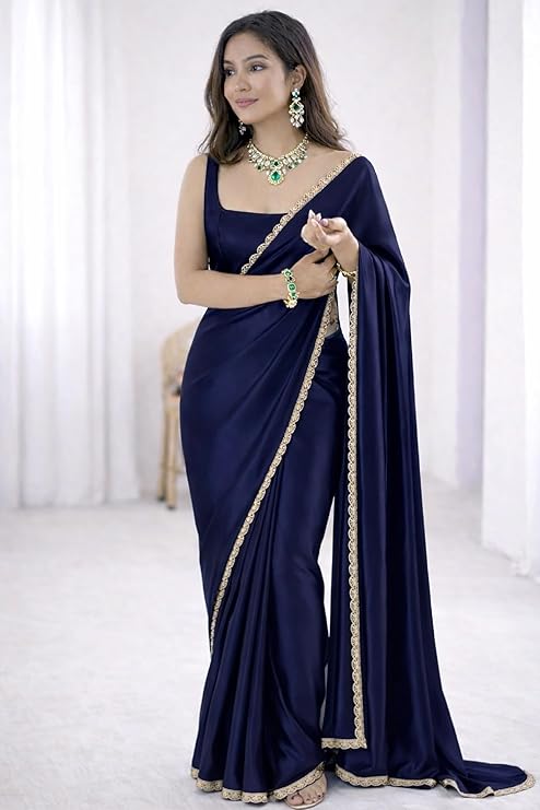 SATAZ Ready To Wear Saree For Women Pre Pleated Satin Silk Readymade With Unstitched Blouse (Navy Blue)