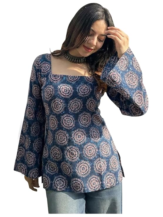 ANNI Designer Women’s Viscose Blend Printed Short Kurti | Straight Fit Casual Ethnic Top | Square Neck 3/4 Sleeve Kurta Office College