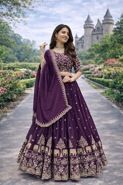 LADY SHOPI Women's Vichitra Embroidered Semi-Stitched Lehenga Choli Juli LH-BB