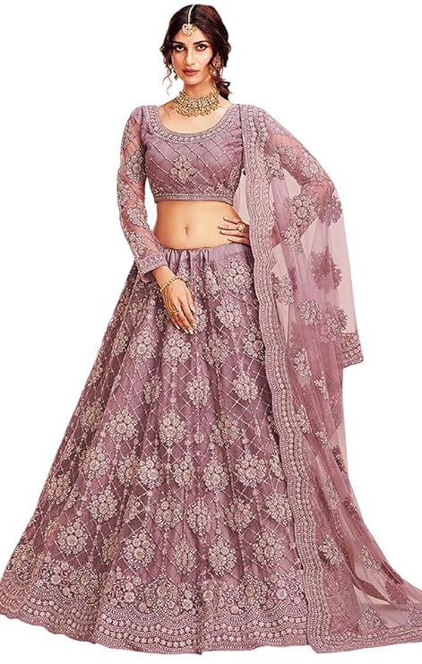 Women's Semi Stitched Net Lehenga Choli with Embroidered Pattern Unstitched Blouse Piece and Dupatta Set | Women's Lehenga Choli