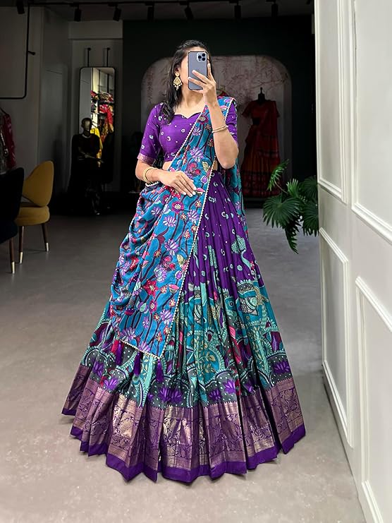Women Tussar Silk Unstitched Dot & Ikkat Print With Foil Work Lehenga Choli Set (Purple), Medium