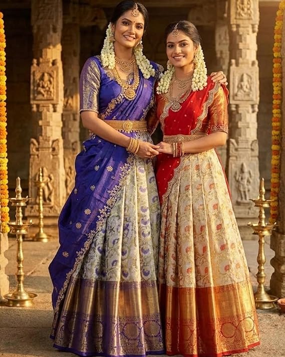 South Indian Traditional Jacquard Half & Half Saree for Women Unstitched Narayanpet Langa Voni Lehenga Style Half Saree Woven South Indian Wedding Ethnic Wear