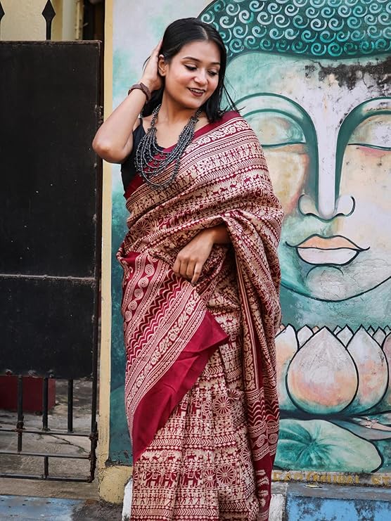 EthnicJunction Women's Art Silk Kalamkari Print Saree With Blouse Piece