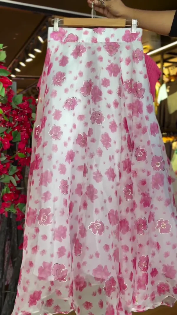 Women's Pink Floral Skirt and Crop Top Set