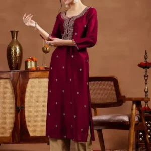 maroon SILK KURTA with Embroidered design