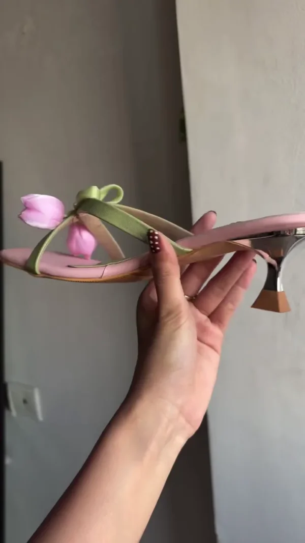 Pastel Pink and Sage Green Tulip Detailed Kitten Heels