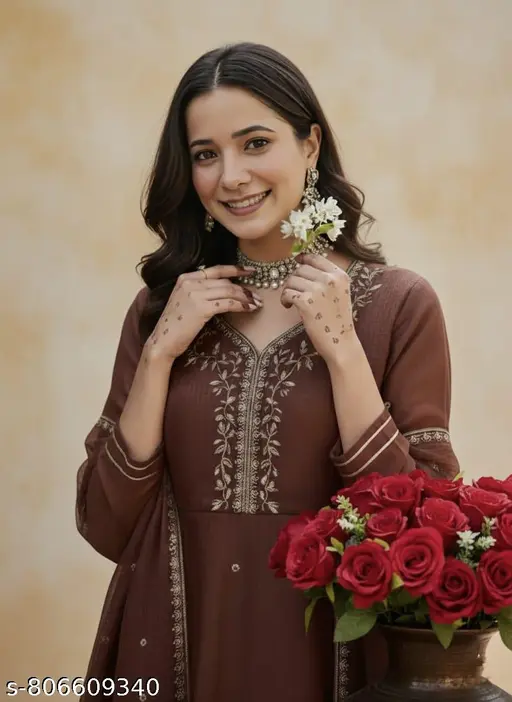 Brown Embroidered Kurta Palazzo Set