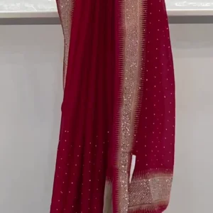 Red Striped Viscose Georgette Saree With Unstiched Blouse