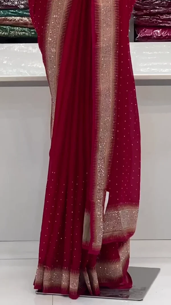 Red Striped Viscose Georgette Saree With Unstiched Blouse