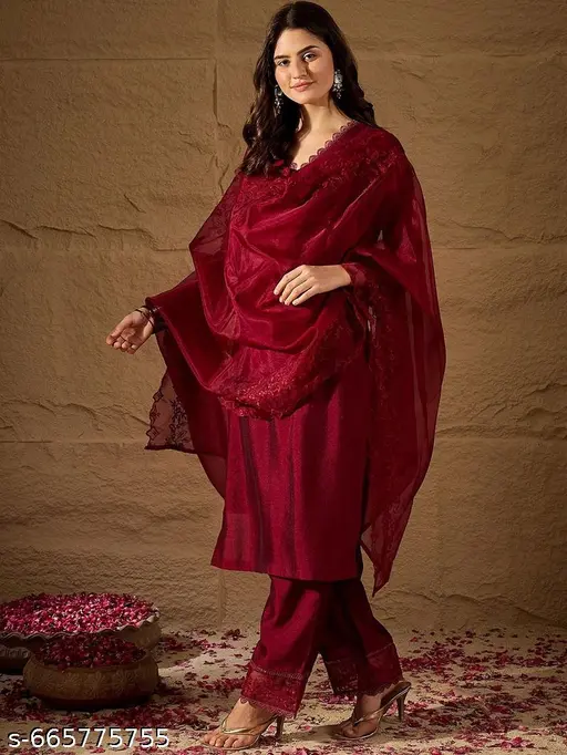 Maroon Silk Embroidered Kurta Set