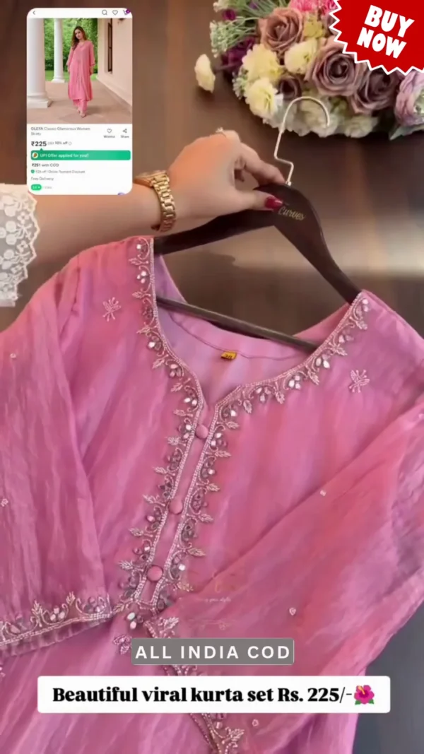 Pink Organza Kurta Set with Mirror Work Embroidery