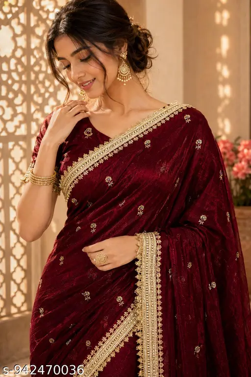 Maroon Georgette Saree with Lace Border