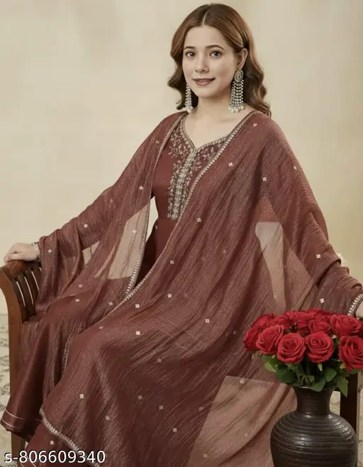 Brown Embroidered Kurta Palazzo Set
