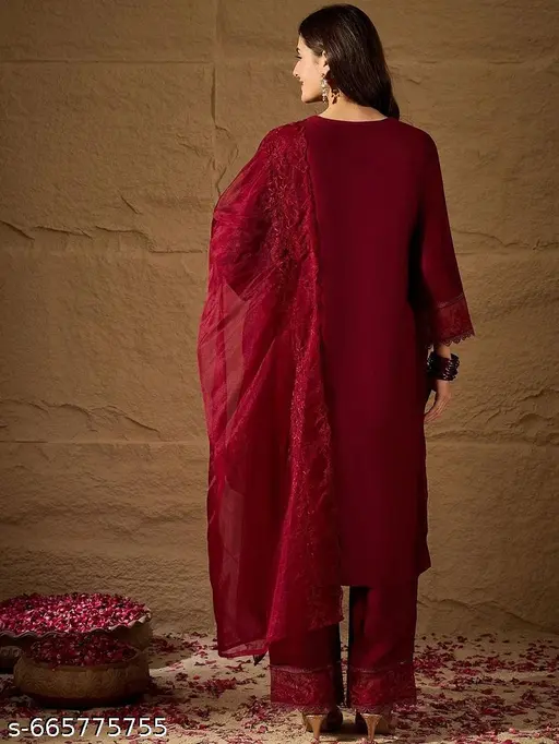 Maroon Silk Embroidered Kurta Set