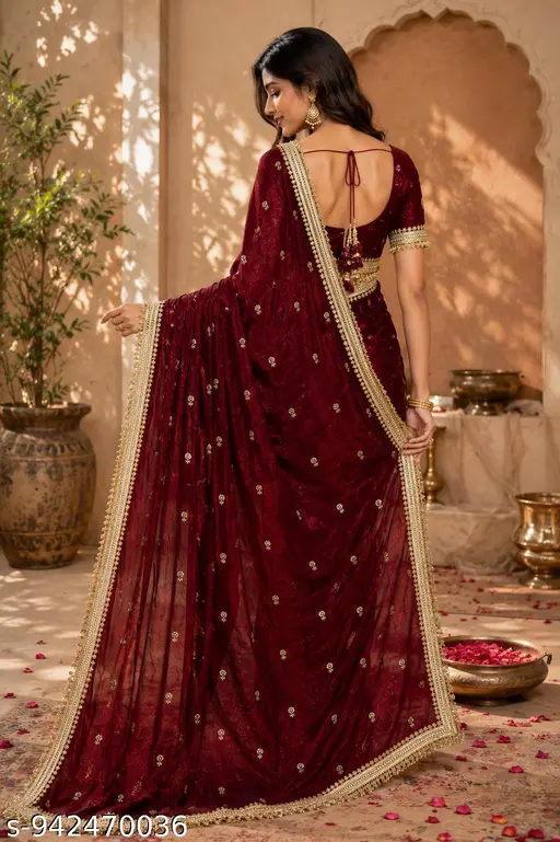 Maroon Georgette Saree with Lace Border