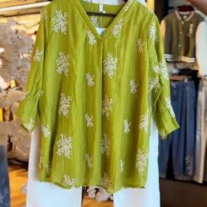 Women's Olive Embroidered Tunic and Denim Set