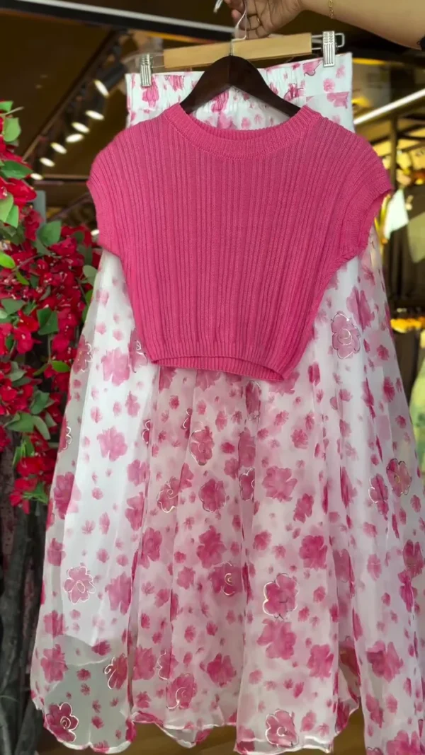Women's Pink Floral Skirt and Crop Top Set