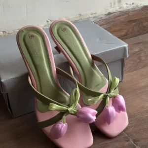 Pastel Pink and Sage Green Tulip Detailed Kitten Heels