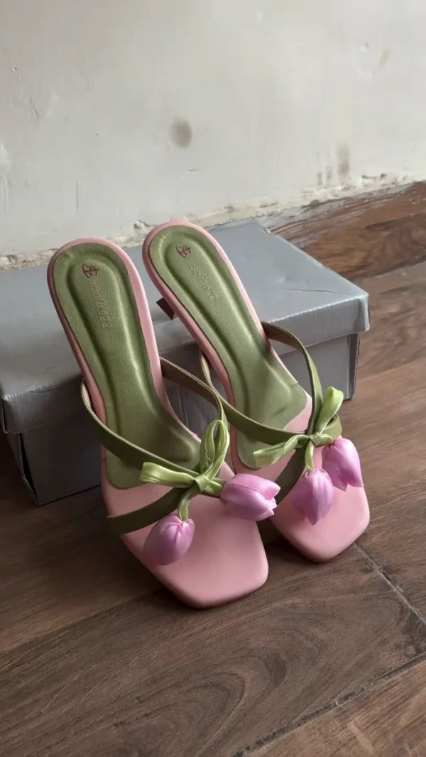 Pastel Pink and Sage Green Tulip Detailed Kitten Heels