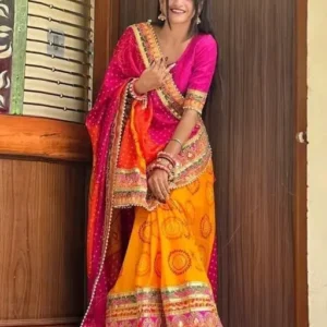 Women's Bandhani Saree with Lace Border