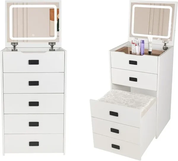 White Makeup Vanity Desk with Flip Top Mirror Lighting