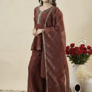 Brown Embroidered Kurta Palazzo Set
