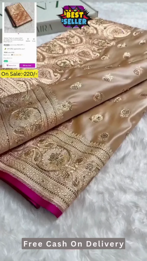 Silk Saree with Gold Bead Cutwork Border
