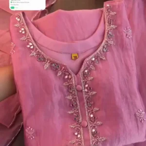 Pink Organza Kurta Set with Mirror Work Embroidery