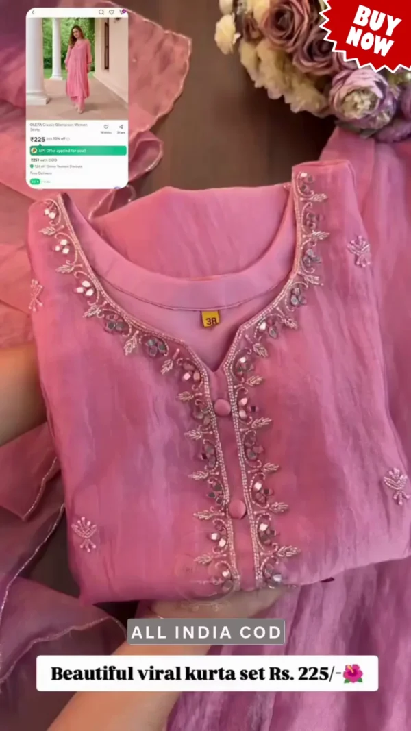 Pink Organza Kurta Set with Mirror Work Embroidery