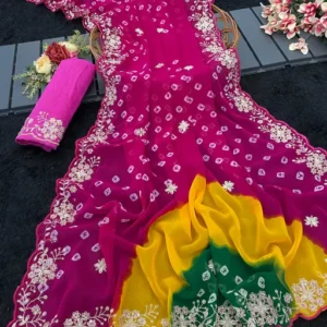 Georgette Bandhej Saree with Pitta Work