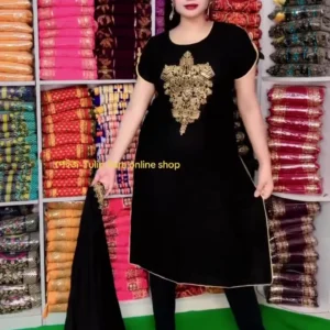 Black Georgette Kurti Set with Gold Embroidery