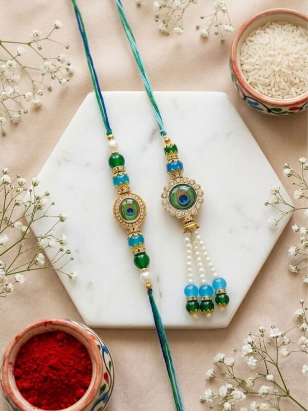 Peacock Motif Green-Blue Beaded Rakhi Set