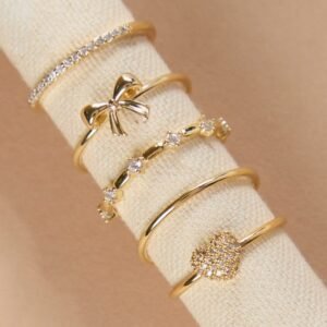Gold Bow & Heart Ring Set
