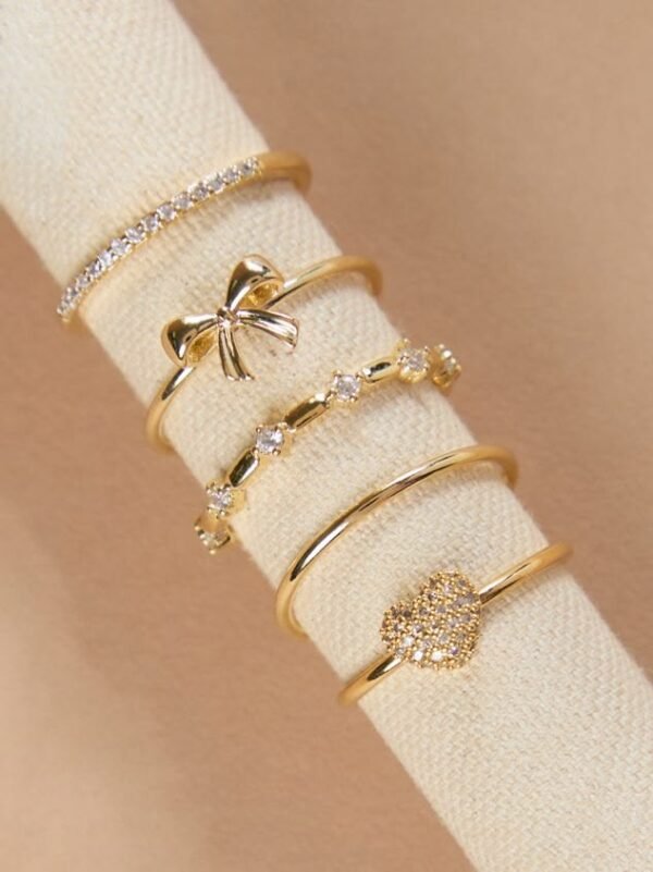 Gold Bow & Heart Ring Set
