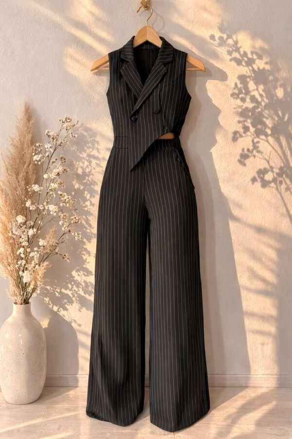 Pinstripe Cutout Waistcoat Wide-Leg Jumpsuit