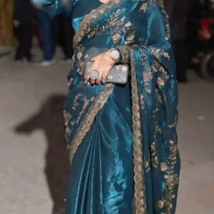 Teal Embroidered Silk Saree