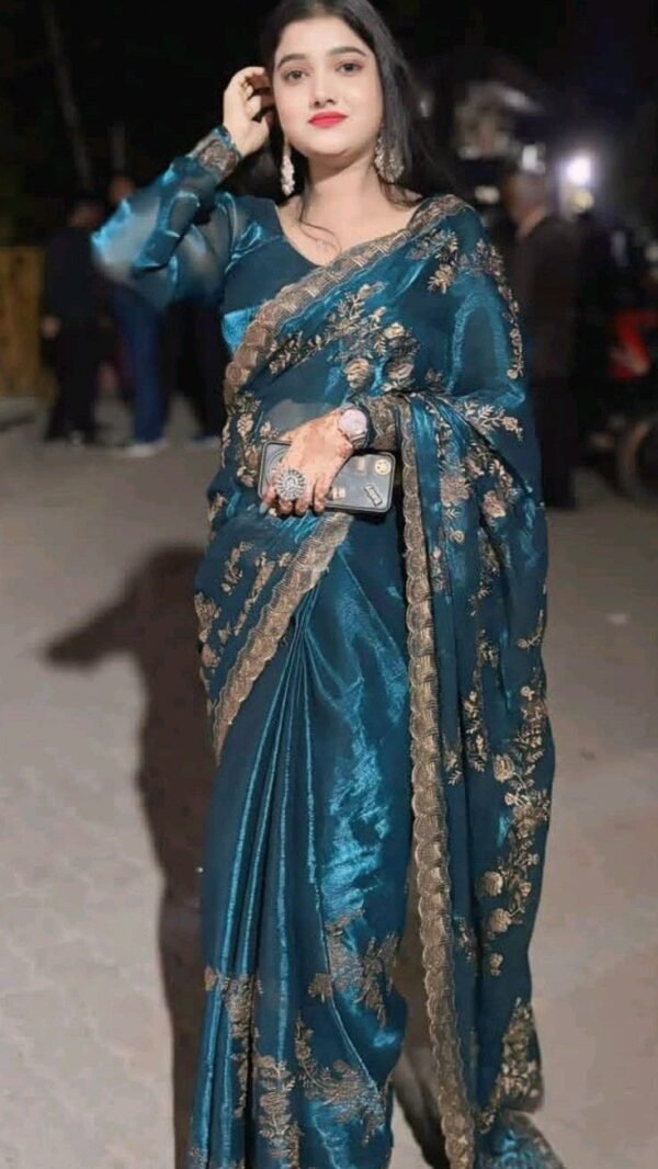 Teal Embroidered Silk Saree