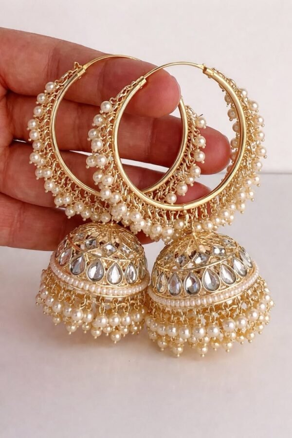 Golden Bali Hoop Pearl Jhumka Earrings