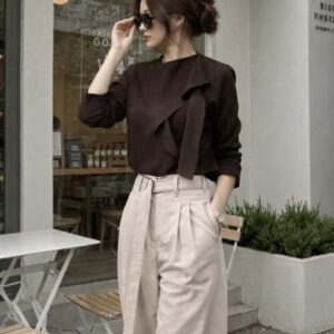 Brown Ruffle-Detail Blouse with Wide-Leg Trousers