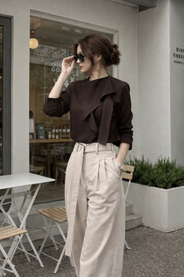 Brown Ruffle-Detail Blouse with Wide-Leg Trousers