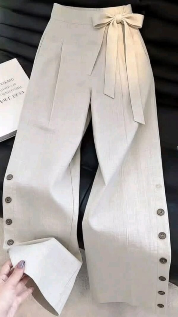 Beige Bow-Tie Linen Wide-Leg Trousers
