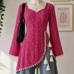 Pink Bandhani Print Asymmetric Tunic Top