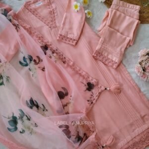 Peach Pintuck Kurta Set with Dupatta
